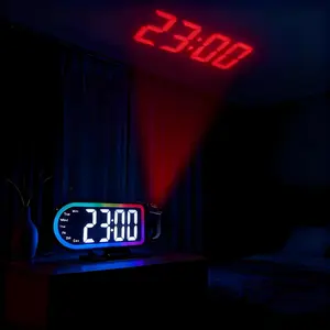LED Changing Projection Alarm Clock with Ceiling Flip Display USB- Bedside Clock RGB Show Temperature Unit Converter (C/F) Dimmer & Auto Night Mode No Battery (Black Frame White Text)
