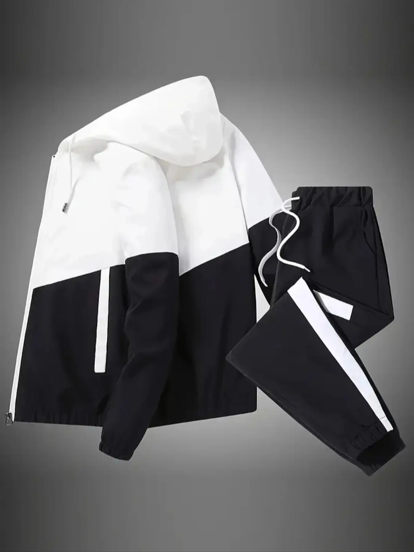 A two-piece spring and autumn sporty fashion set for men, including a hooded jacket and slim-fit casual pants, suitable for outdoor activities and hiking, Activewear Set