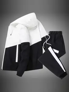 A two-piece spring and autumn sporty fashion set for men, including a hooded jacket and slim-fit casual pants, suitable for outdoor activities and hiking, Activewear Set