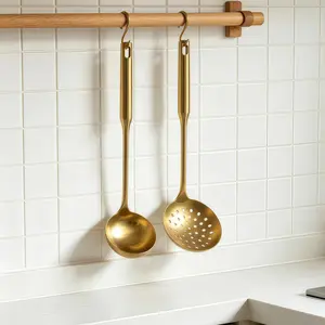 2PCS gold stainless steel soup spoon and Filtering spoon set, kitchen utensils set, food grade, heat resistant, dishwasher safe, perfect for soups, pastas, dumplings, stews and kitchen cooking, Spoons Set