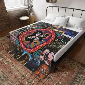 AOP Kiss Rock Music Blanket, Rock And Roll Over Rock Band Fleece Sherpa Flannel Cozy Blanket Gift For Fan summerwins