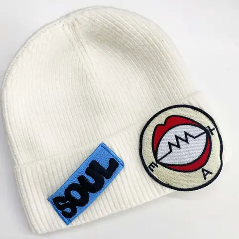 Soul Eater Anime Beanie Hat, Off-white Appliqued Cuffed Knit Winter Cap