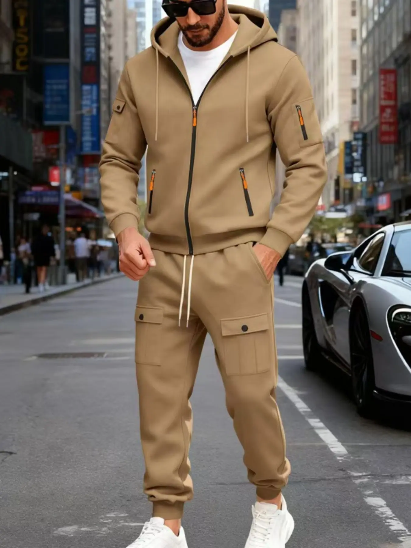 New Men's Autumn Winter Tracksuit - 2 Piece Set (Full-Zip Hooded Jacket + Cargo Pants),, is windproof, warm and elastic warm Warm is windproof。 fall clothes Plush hooded sweater 。Man Fall Outfits Clothes Jacket and pants set, Sportswear