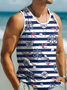 Men's Latest Vest Top, Plaid Ship Wheel T-Shirt, Sleeveless 3D Print Round Neck, Casual Summer Fashion, Streetwear & Outdoor Fitness