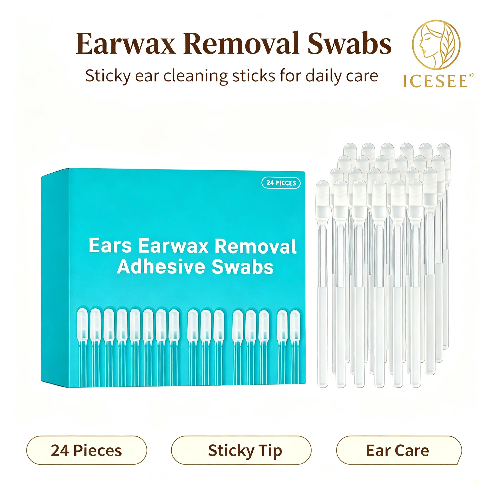 ICESEE Sticky Ear Cleaning Stick for Adults, Sticky Ear Cleaner Picks, Removal Adhesive Swabs Gentle Soft Ear Scoop Remover Tool with Dust Cover Packaging (1 Set / 24 PCS)