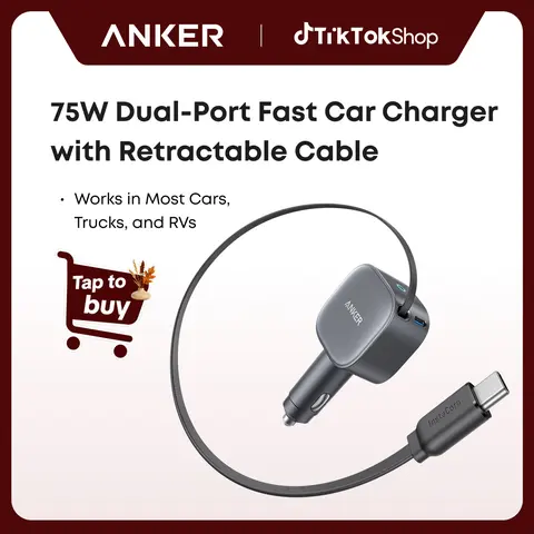[Limited Offer]Anker USB-C Car Charger, 75W Max Ultra-Compact Type-C Fast Car Charger with Built-in USB-C Retractable Cable, Car Adapter#DealsForYouDays