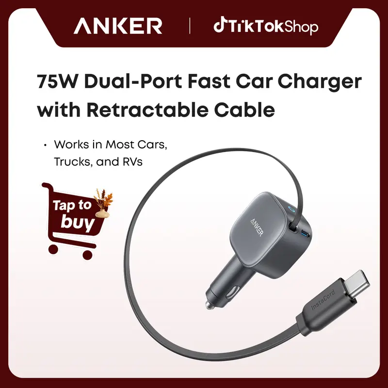 [Limited Offer]Anker USB-C Car Charger, 75W Max Ultra-Compact Type-C Fast Car Charger with Built-in USB-C Retractable Cable, Car Adapter#DealsForYouDays