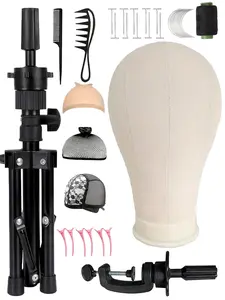 22 Inch Canvas Wig Head with Adjustable Tripod Base, Doll Head Cover for Styling Display, Includes Hat Elastic Band Base Tools Set
