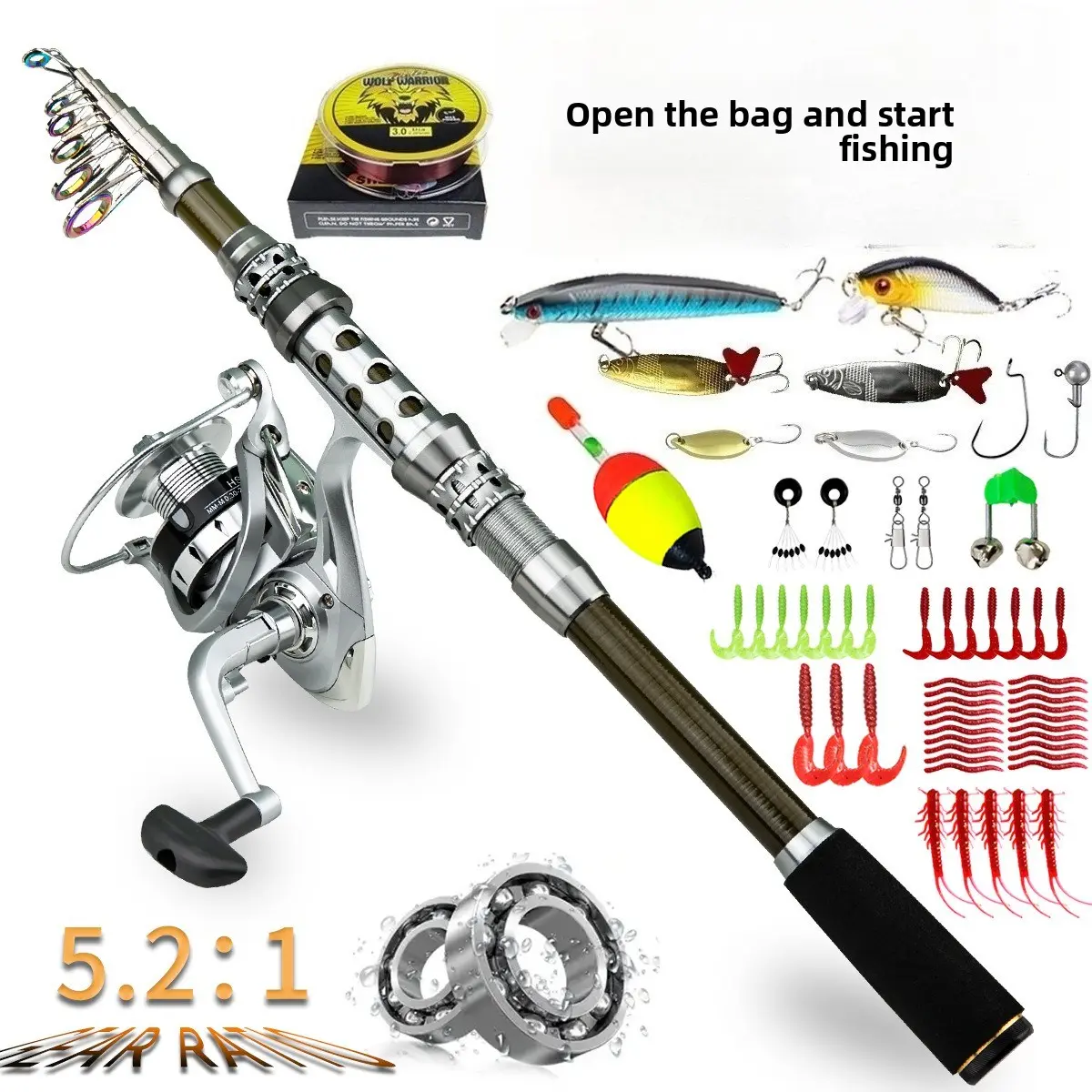 A complete set of Luria fishing rods, including telescopic rotating fishing rods and fishing line reels, is a portable travel set, suitable for both freshwater and saltwater fishing.