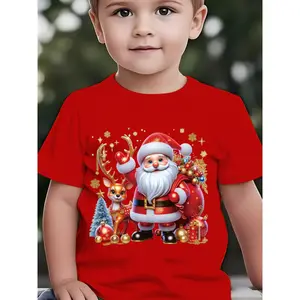 CHRISTMAS" Boys' Fashion Short Sleeve T-Shirt "Waving Santa" Print Outdoor Casual Top, Holiday Outfit, Playful Design, Comfortable Fit, Printed Tee, Holiday Shoppers