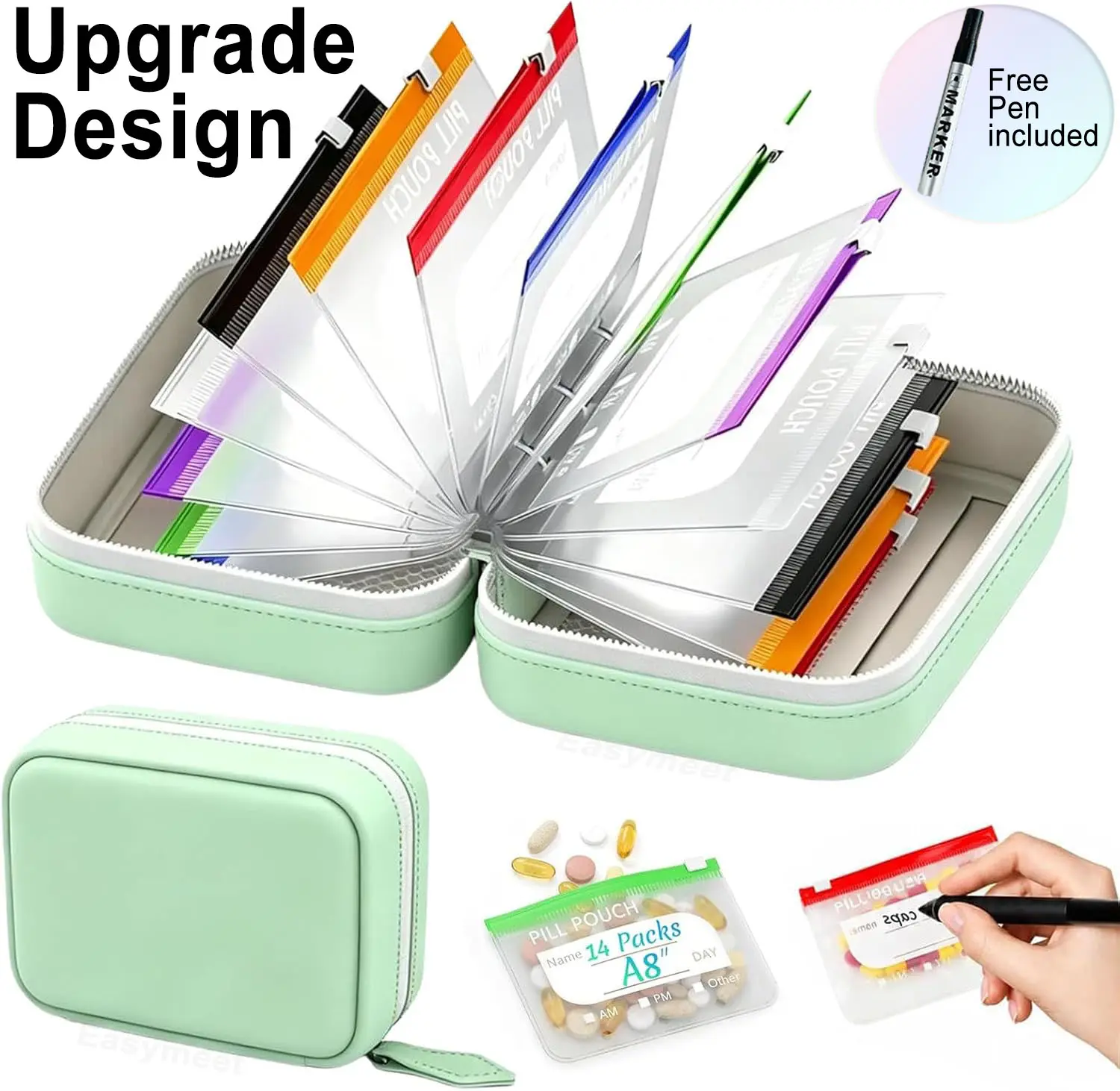[TikTokShopDealsforYouDays] A8 Waterproof Pill Organizer Set, Large Weekly Pill Organizer, 14 Color-Coded Medicine Pouches, Reusable Travel Medicine Organizer, Zippered Storage for Fish Oil, Vitamins & Daily Medication, dealsforyou, summerwins