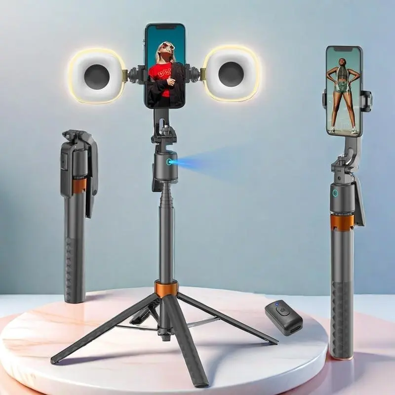 360-Degree Rotatable Selfie Stick Tripod, Rechargeable Smart Face Tracking Tripod with 2 Fill Light Selfie Video Light, Auto Face Tracking Phone Holder for Vlog, Live Streaming, Compact Selfie Stand