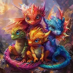 Cute Colorful Baby Dragons Family in Fantasy Forest 5D Full Drill Diamond Painting Kit, Crystal Rhinestone Embroidery, Whimsical Fantasy Wall Decor, DIY Craft for Home Living Room, Art & Craft Enthusiasts