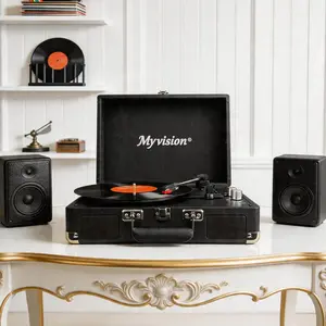 Myvision New Upgrade Litchi Grain Finish Vintage Vinyl Record Player - 3-Speed Suitcase Portable Turntable with Bluetooth Audio, Stereo Speakers, USB, DVD, BGM Functions - Home Decoration, Mother's Day Gift