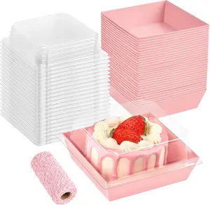 50PCS Small Pink Paper Charcuterie Boxes with Clear Lids, Disposable Sandwich Boxes Square To Go Food Containers for Desserts, Strawberries, Cake Slice and Cookies