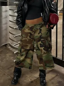 American Vintage Camouflage Workwear High Waist Multi-Pocket Long Pants, Street Style Slim Fit Casual Chic Trousers, Trendy Fashion Bottoms