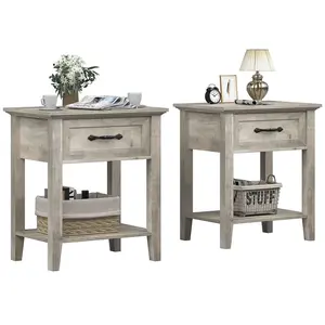 【Christmas Gift】Grey Grey Nightstands Set of 2, End Table with Drawer, Side Table for Spaces, 2 Tiers Storage Shelves with Dresser, Bedside Table for Living Room, Bedroom, Dorm (2pcs-Grey)