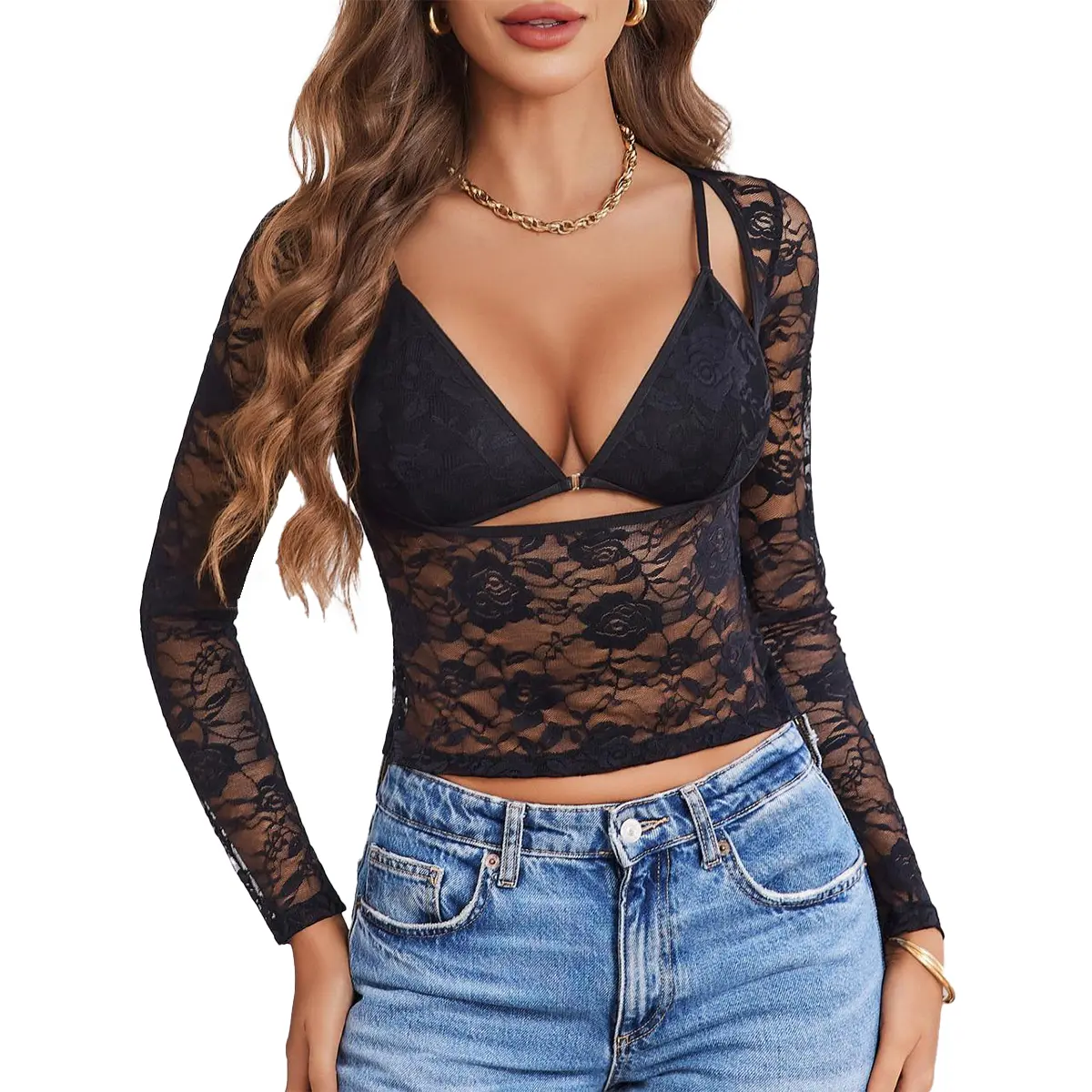 Avidlove Women's Sheer Mesh Long Sleeve Crop Top Slim Fit Shirt Bralette & Lace Top Set Floral Lace Casual Chic Lightweight