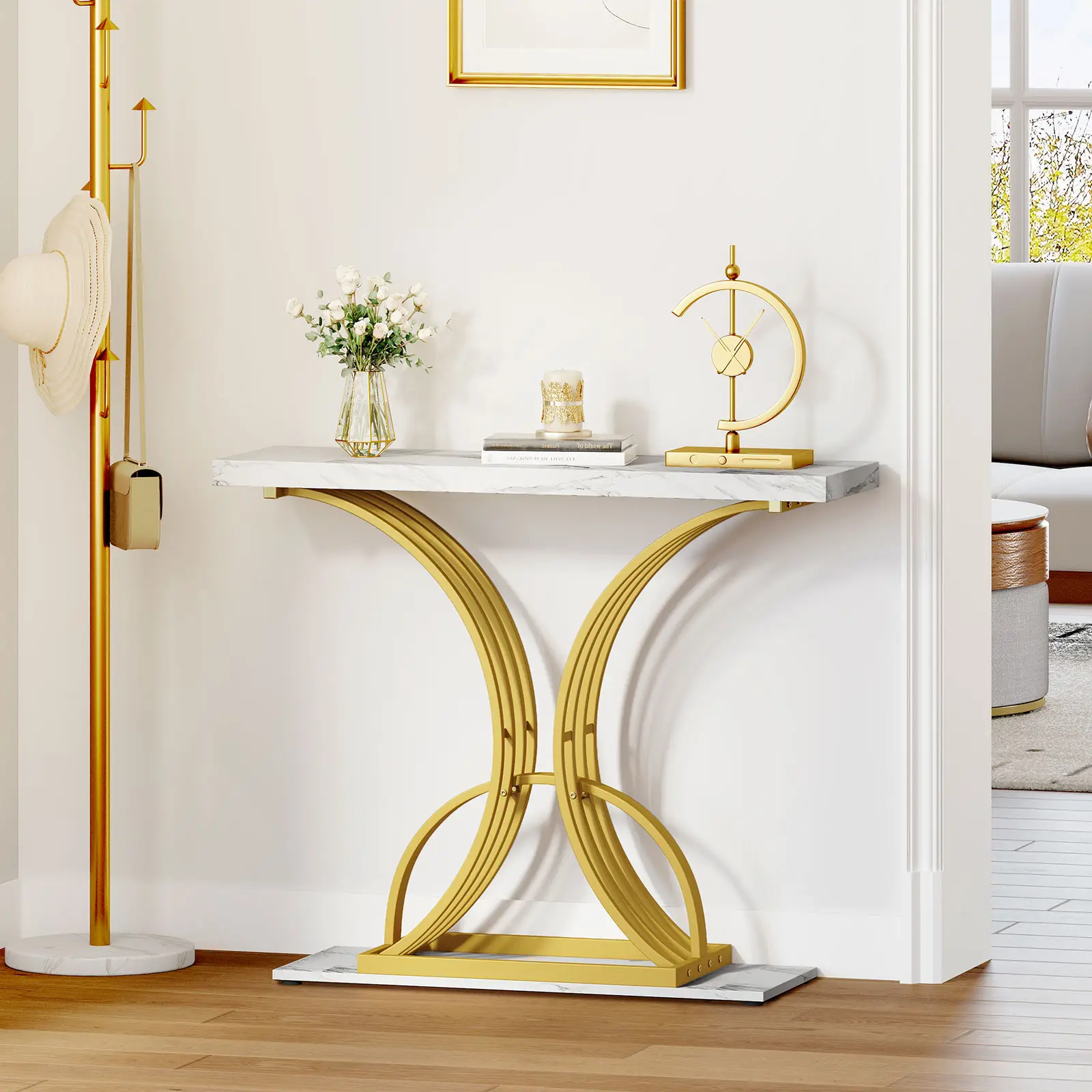 DWVO Gold Console Table, Modern Sofa Table for Living Room, Hallway, Entryway, 40 inch Narrow Entryway Table, Faux Marble White