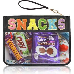 Snacks Bag Clear Chenille Varsity Letter Zipper Pouch Travel Makeup Bag Aesthetic Storage Organizer Pouches for Women with Glitter Patch Letters (Black-Snacks)