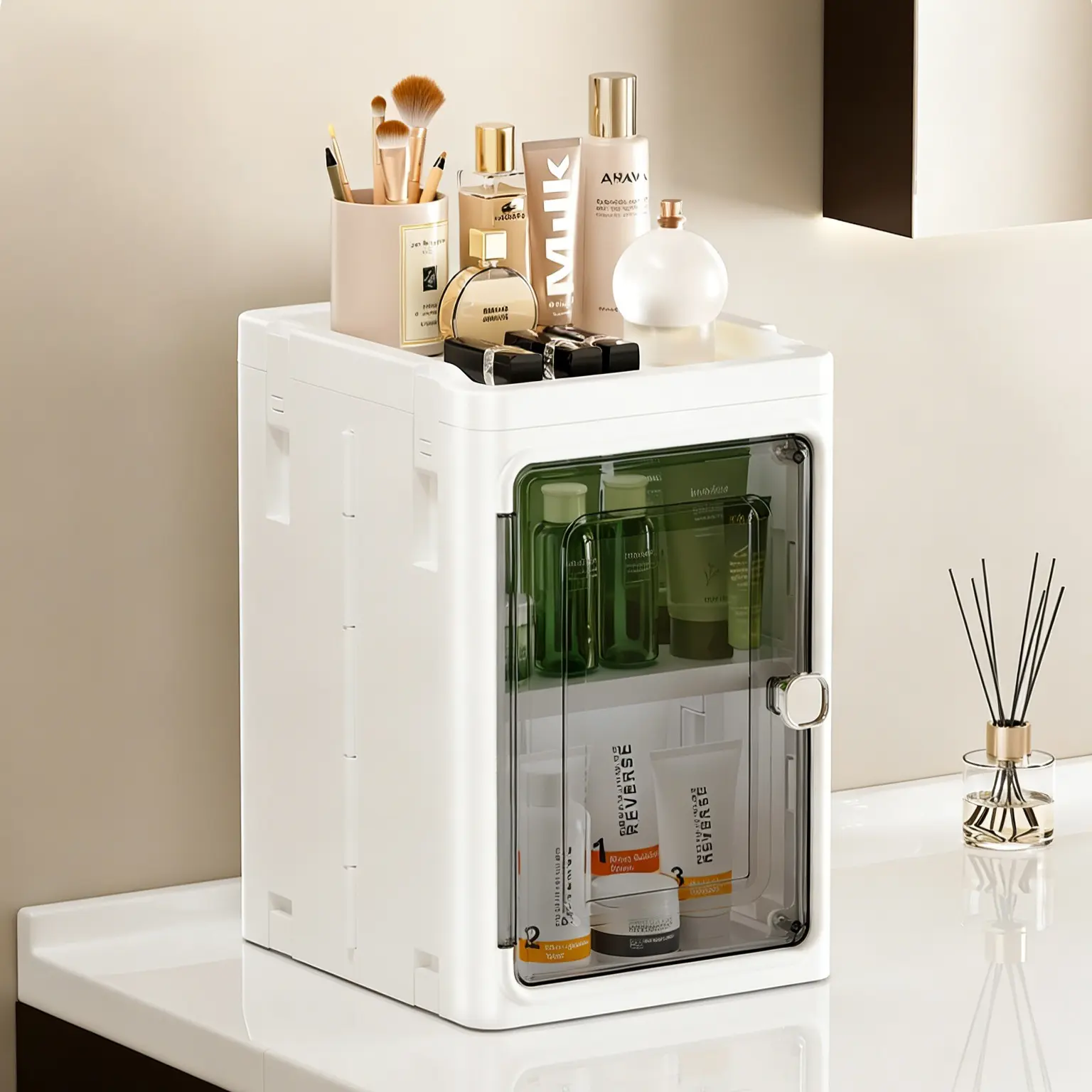 Single-deck Household Stackable Covered Storage Cabinet - Striped Semi-Transparent Panel, Dust-Proof Moisture-Proof Countertop Home Organizer