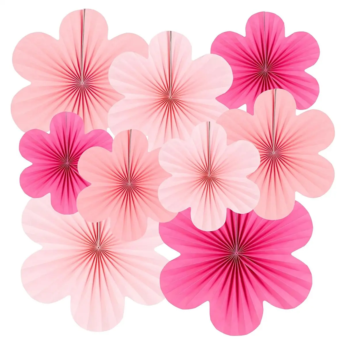 Pink Paper Fan Flower Reusable Decoration Set - 200mm Multi-Size Paper Fans, Floral Pom Poms, Garlands, Easy Install for Party, Birthday, Wedding (As Shown)
