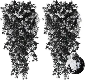 Realistic Artificial Black Hanging Plants Pack of 2 Faux Black Hanging Plant Outdoor Indoor with Lights LED Fairy String Rose Fake Hanging Flwers Decor for Office House (Black and White)