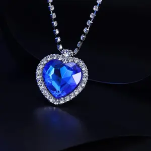 Heart of The Ocean Neckalce, Royal Blue Crystal Created Sapphire Pendant with Silver Plated Necklace Jewelry