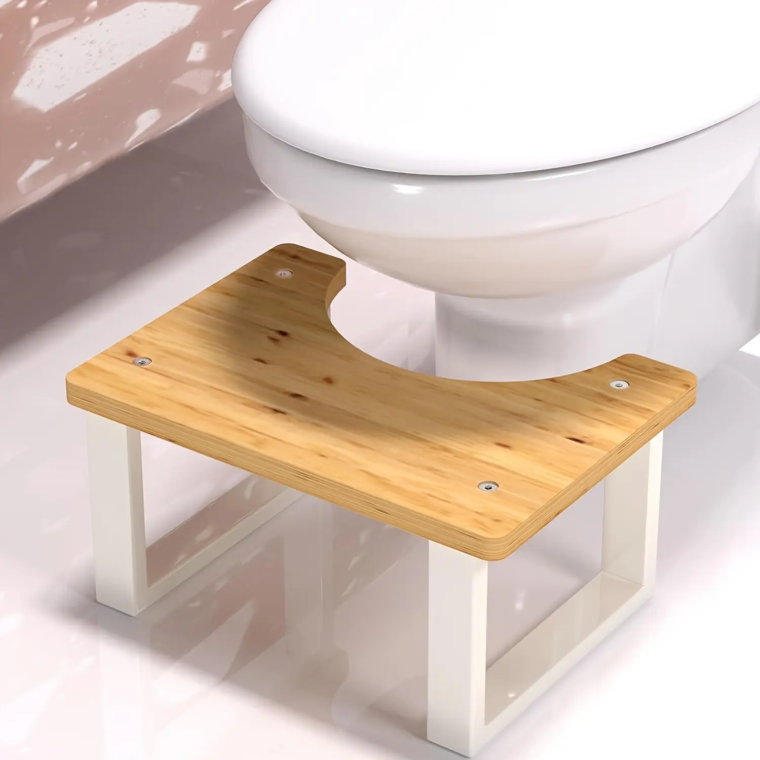 Classic Adult Bamboo Backless Foldable Bathroom Toilet Stool - White, Non-Slip Auxiliary Step Stool with Adjustable Arms, Cushioned, Thoughtful Gift for Fathers' Day