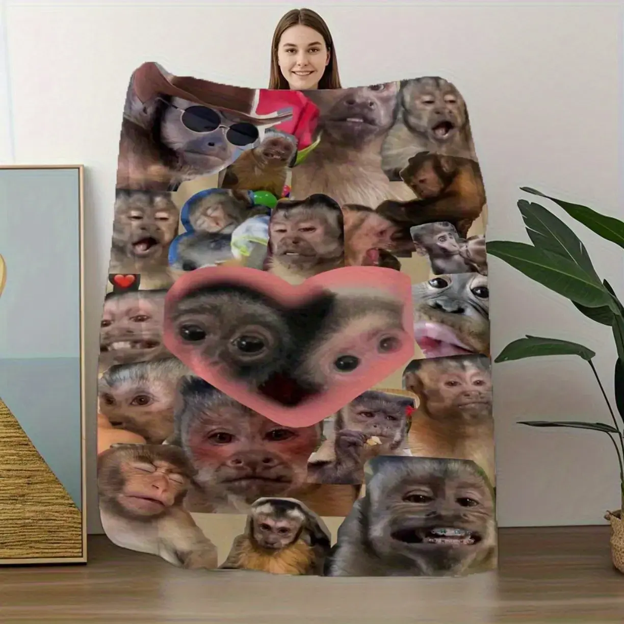 Monkey Heart Expressions Flannel Blanket - Soft Plush Throw with Expressive Monkey Faces (Surprise!, Love!, Happiness), Heart Accent  - Lightweight & Warm All-Season Blanket for Couch, Bed, Office,