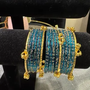 Elegant glass 12pcs bangles set with 4pcs golden metal gungroo bangles set size :2.4”