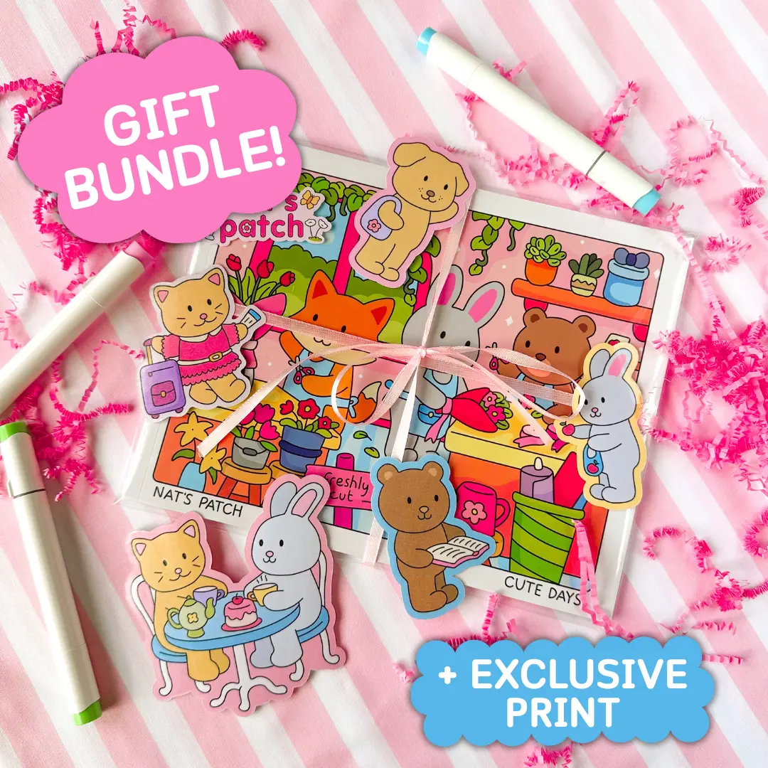 Nat's Patch Cute Days Coloring Book + Stickers Gift Bundle