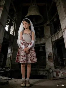 Girls' Halloween Bride Set, Includes Dress, Veil, Gloves, Sleeve Pads, Light with Blood Print, Comfortable A-Line Dress