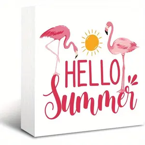Summer Flamingo Wood Box Sign Desk Decor, Hello Summer Tiered Tray Decor for Home Living Room Office Garden Beach House Table Decor, 5 X 5 Inches
