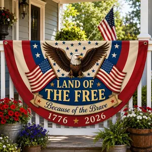 Land of the Free Because of the Brave Patriotic Bunting Flag, 1776–2026 America Anniversary Fence Banner, Eagle USA Porch Decor