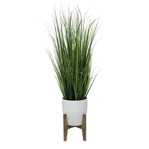 White 50 in. Onion Grass Plant in 10 in. Cathedral Ceramic Pot with Stand, Flora Bunda CS4547E-WH, Home Decor Garden Planter