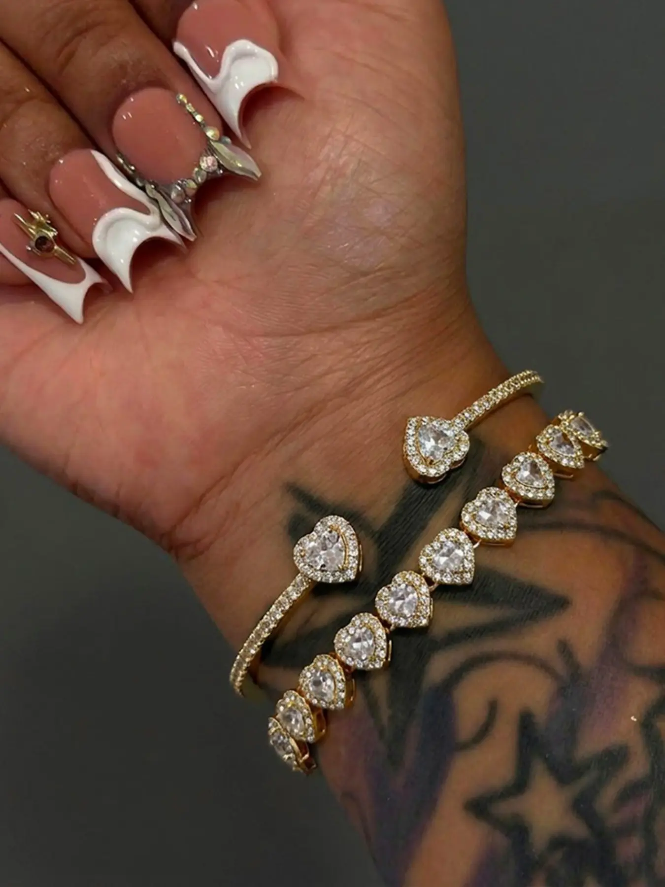 2-Piece Elegant Heart-Shaped Zircon Bracelet Set, Women's Luxury Party Jewelry, Stackable Bangles, Perfect for Daily Wear and Gifts