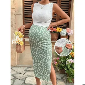 AdjustableWaistDaisyPrintMidiSkirt SolidColorEmbroideryTankTop tiktok2pcsMaternitySet :
