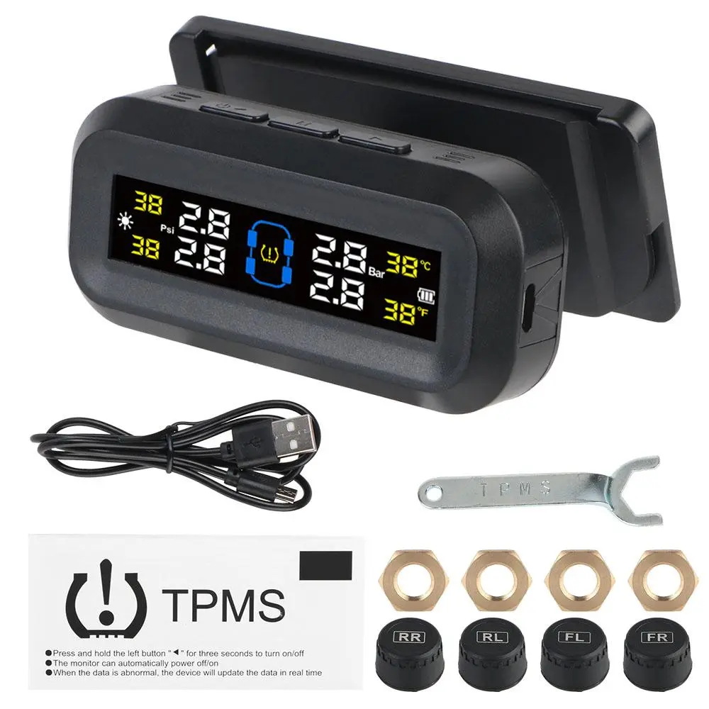 Solar & USB Powered Car TPMS, Digital LCD Display Tire Pressure Monitoring System, Tyre Temperature Monitor, Tire Pressure Gauge, Automotive Car Accessories, Auto Parts, Vehicle