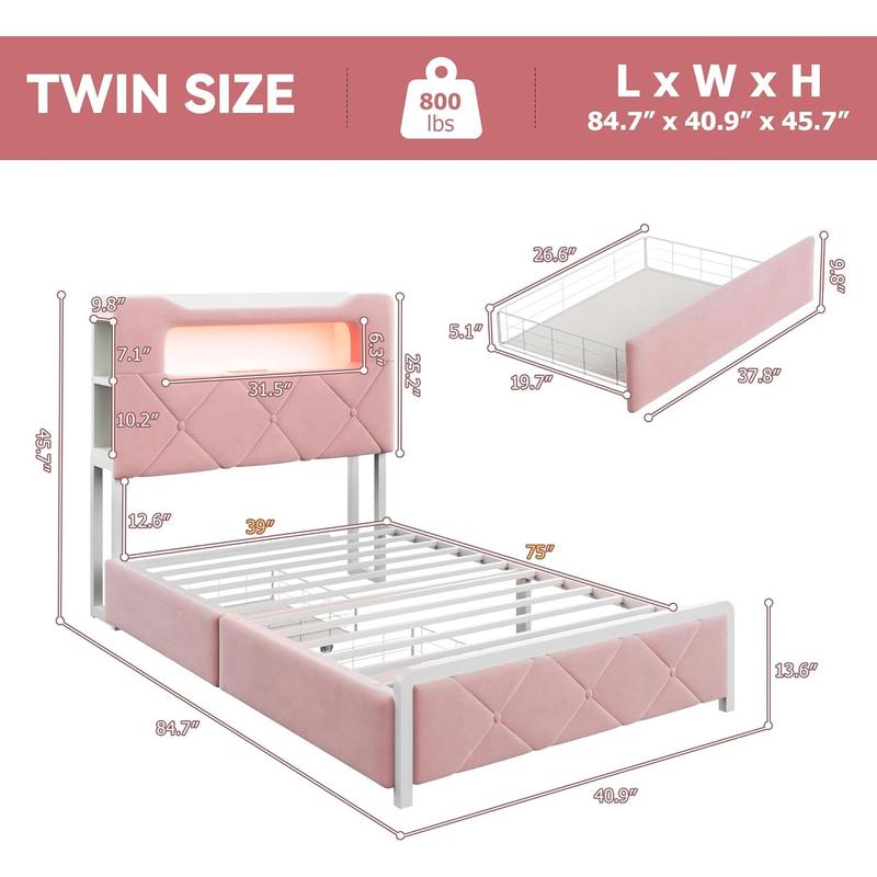 Twin Upholstered LED Bed Frame with 2 Storage Drawers and 2-Tier Storage Bookcase Headboard, Velvet Princess Platform Bed for Kids/Girls/Boys, Heavy Duty Metal Support, No Box Spring Needed, Pink