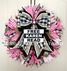 Free Karen Read Front Door Wreath, FKR Wreath, Buffalo Check Wreath, Free Karen Read Pink Wreath 25 Dollars Each Sale To Karen Read Defense