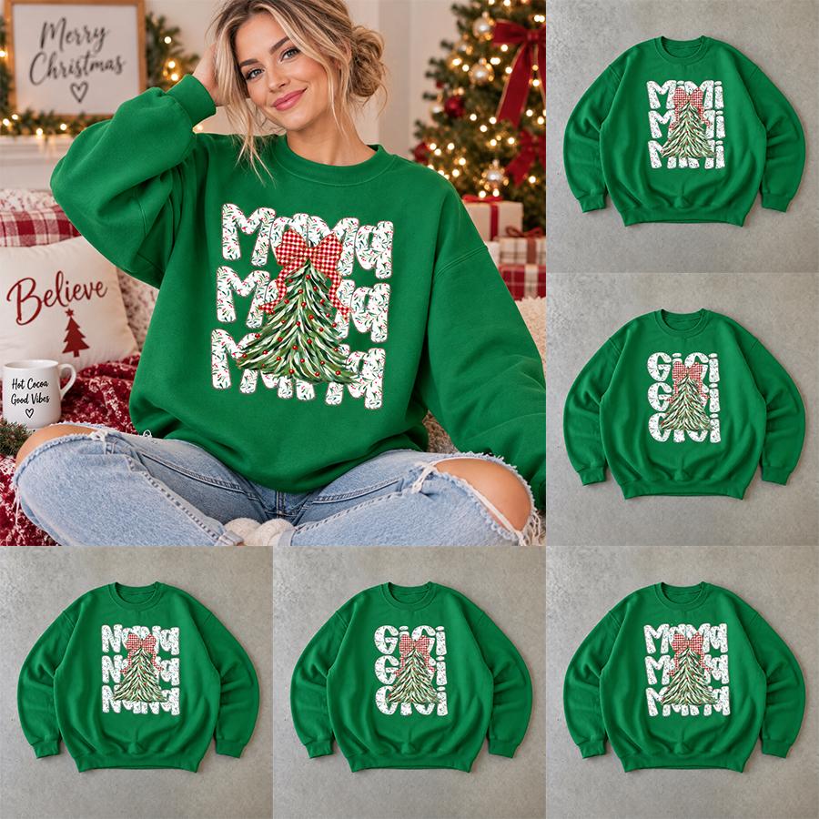 Custom Christmas Mom Sweatshirt, Personalized Gigi Mimi Nana Mama Name Crewneck, Christmas Tree Bow Graphic Shirt, Festive Holiday Gift for Mom Grandma -DPCLICK