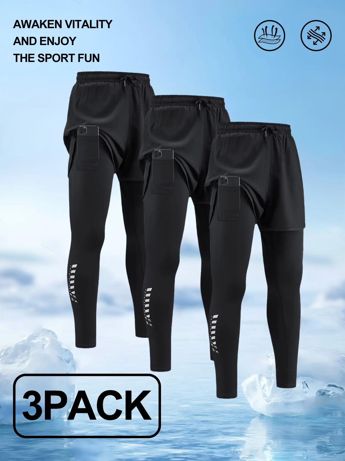 3 Pack Mens Double Layer Athletic Running Tights Moisture Wicking Drawstring Workout Pants with Phone Pocket for Gym Hiking Outdoor Sports