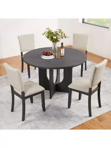 47.3" Round Dining Table Set 5-Piece with 4 Upholstered Dining Chairs - Modern Dining Set for Kitchen Living Room, Light Oak & Beige/Antique Black & Beige