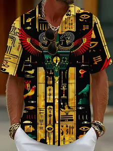 Casual short-sleeved shirt with hieroglyphic prints of the Horus totem from ancient Egypt