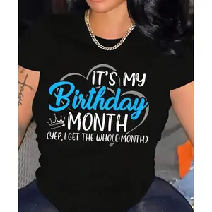 Black Tee Featuring "IT'S MY Birthday MONTH" Quote in Blue and White with Playful Heart and Crown Accents