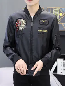 Men's Casual Leather Jacket, Embroidered Design, Versatile Daily Wear Outerwear, Stylish Men's Fashion Coat for Everyday Use