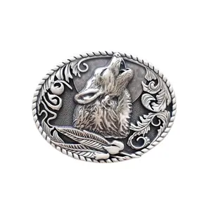 Vintage Silver Plated Western Shout Wolf Oval Belt Buckle