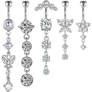 14G Dangle Belly Button Ring Set, 5-Pack Surgical Steel CZ Piercing Jewelry for Women in Silver & Rose Gold Hypoallergenic