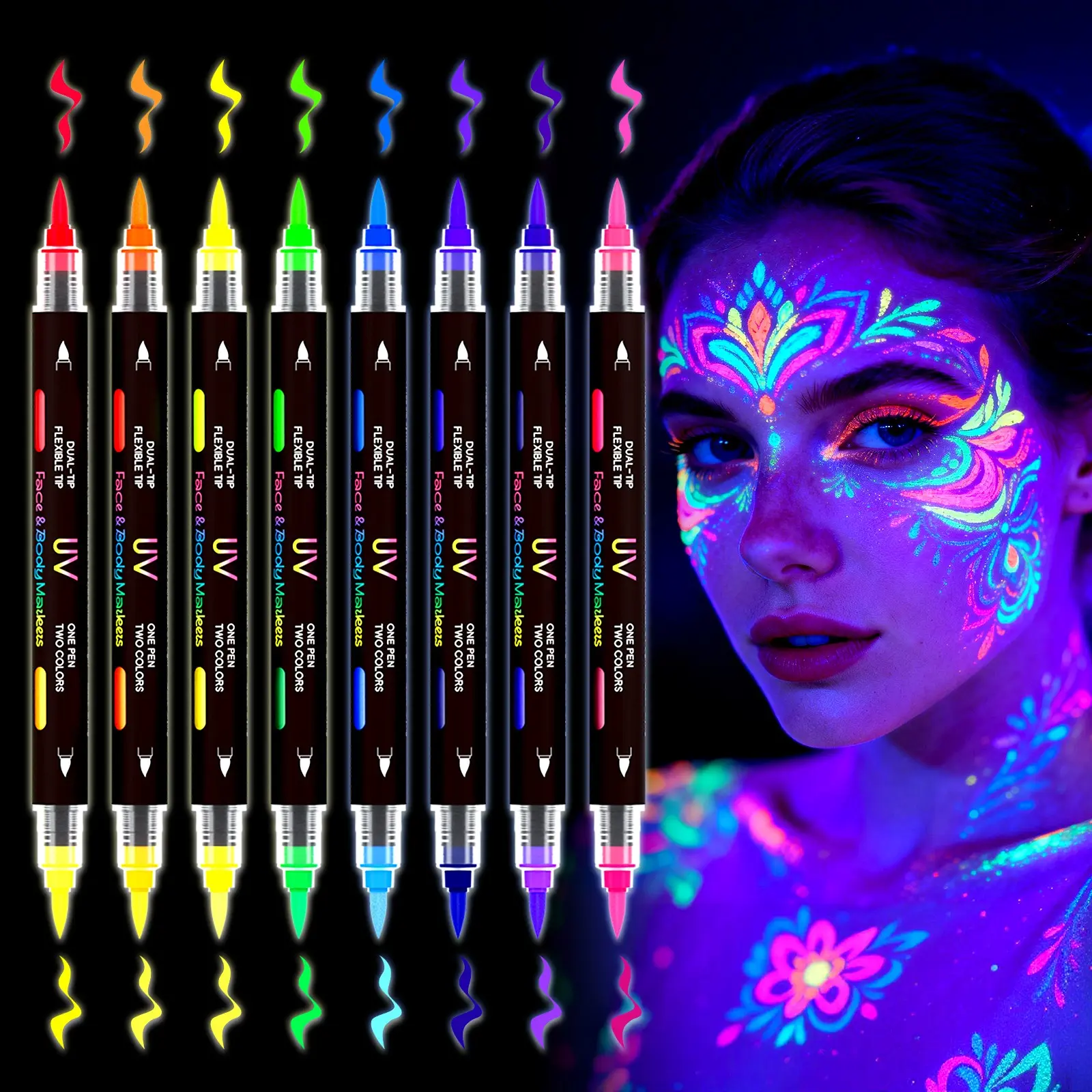 UV Fluorescent Body Paint Pens, Set of 6 Colors, Dual-Tip Design, Glow Under UV Light, Waterproof, Quick-Drying, Fun Painting Tool, Face Body Paint